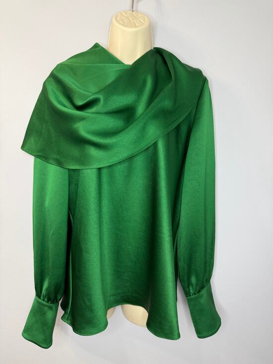 The Fold Tops - The Fold Ocana Satin Long Sleeve Blouse Deep Emerald Women's 14 New Elegant